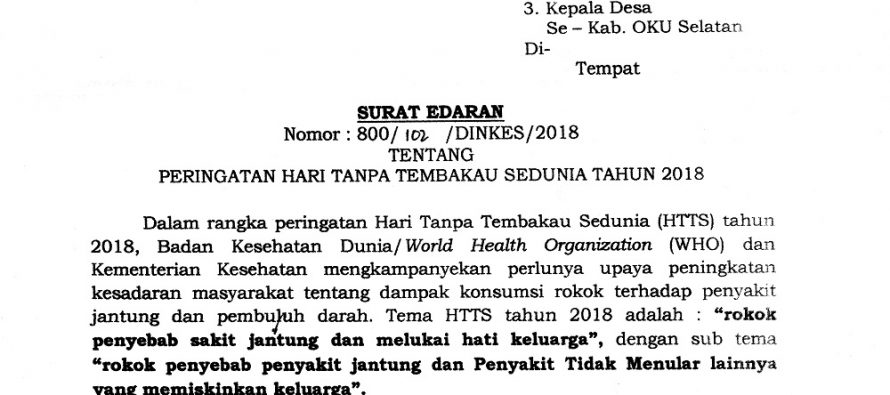 SURAT EDARAN TENTANG PERINGATAN HARI TANPA TEMBAKAU SEDUNIA TAHUN 2018