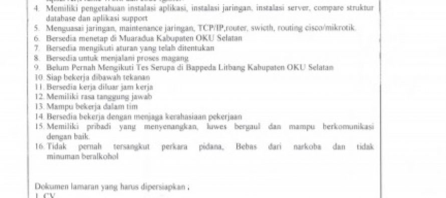 LOWONGAN KERJA TEKNISI INFORMATIKA BAPPEDA LITBANG KABUPATEN OKU SELATAN