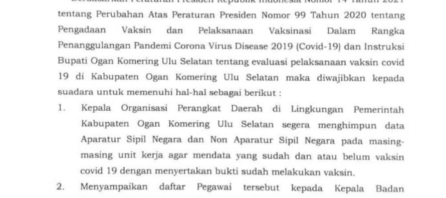 PEMKAB OKU SELATAN WAJIBKAN PEGAWAI LAKUKAN VAKSINASI COVID-19