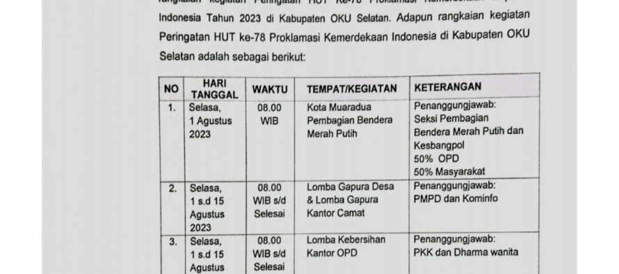 SEJUMLAH KEGIATAN HINGGA PERLOMBAAN ANTAR OPD DAN SRGF 2023 AKAN SEMARAKKAN PERINGATAN HUT RI KE-78 DI KABUPATEN OKU SELATAN, BERIKUT JADWALNYA