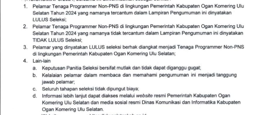 PENGUMUMAN HASIL SELEKSI FINAL PENERIMAAN TENAGA PROGRAMMER NON PNS