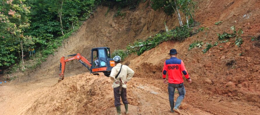 BPBD TURUNKAN ALAT BERAT TANGANI LONGSOR AKSES JALAN DESA TANJUNG HARAPAN